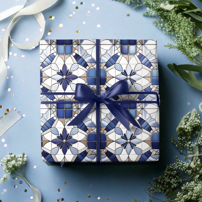 Mosaic Moroccan Tile Mönster#2 Blue White ID1078 Presentpapper (Skapare uppladdad)