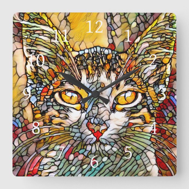 Mosaic Multifärgad Cat 697 Fyrkantig Klocka (Framsida)