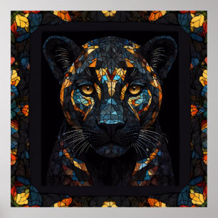 Mosaic Nedfläckad Glass Black Panther Porträtt Poster