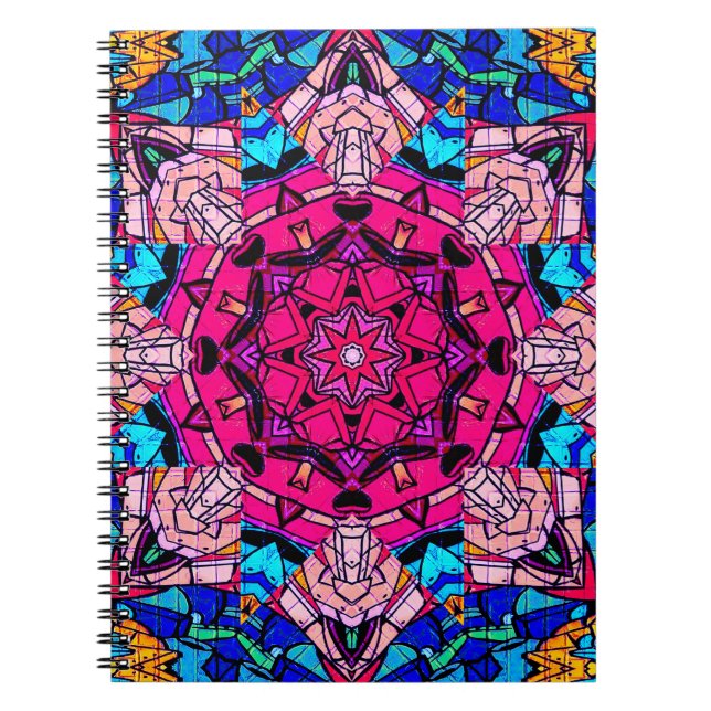 Mosaic Rosa Mandala Blommigt Psychedelic Retro Anteckningsbok (Framsidan)