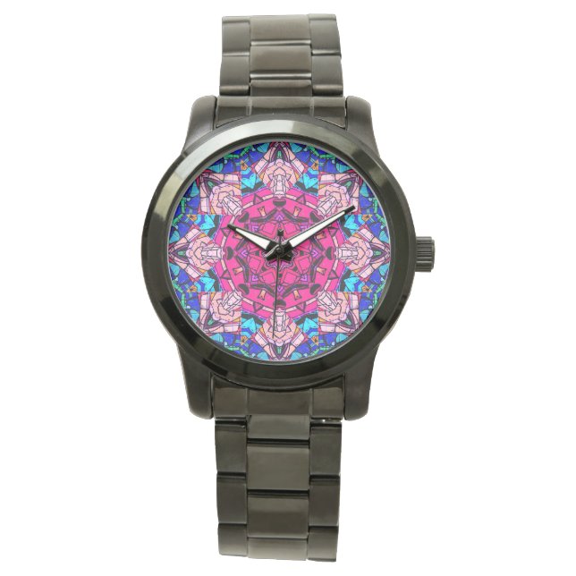 Mosaic Rosa Mandala Blommigt Psychedelic Retro Armbandsur (Framsida)