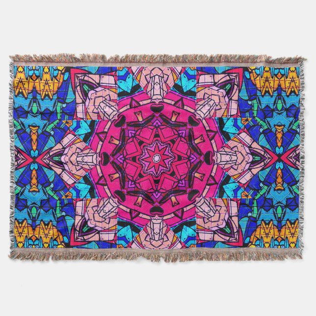 Mosaic Rosa Mandala Blommigt Psychedelic Retro Filt (Framsidan)