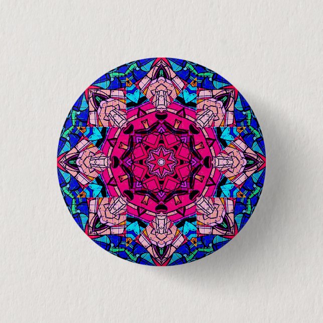 Mosaic Rosa Mandala Blommigt Psychedelic Retro Knapp (Framsida)