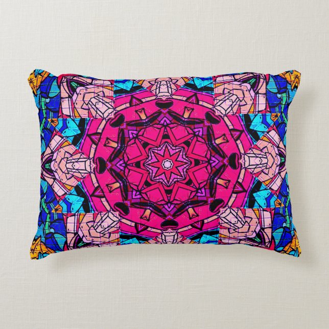 Mosaic Rosa Mandala Blommigt Psychedelic Retro Prydnadskudde (Framsidan)