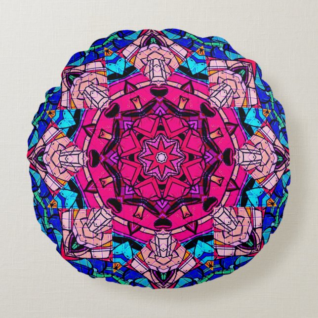 Mosaic Rosa Mandala Blommigt Psychedelic Retro Rund Kudde (Framsidan)
