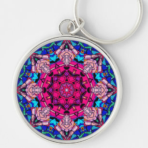 Mosaic Rosa Mandala Blommigt Psychedelic Retro Rund Silverfärgad Nyckelring