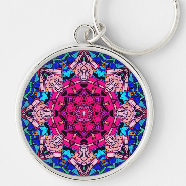 Mosaic Rosa Mandala Blommigt Psychedelic Retro Rund Silverfärgad Nyckelring (Framsidan)