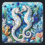 Mosaic Seahorses Romantic Beachy   Fyrkantigt Klistermärke<br><div class="desc">Beautiful mosaic broken tiles,  stained glass beachy design in golds and blues. Two sea horses looking at each other in a sea of vibrant colors surrounded by coral and crisp blue water.</div>