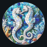 Mosaic Seahorses Romantic Beachy   Runt Klistermärke<br><div class="desc">Beautiful mosaic broken tiles,  stained glass beachy design in golds and blues. Two sea horses looking at each other in a sea of vibrant colors surrounded by coral and crisp blue water.</div>