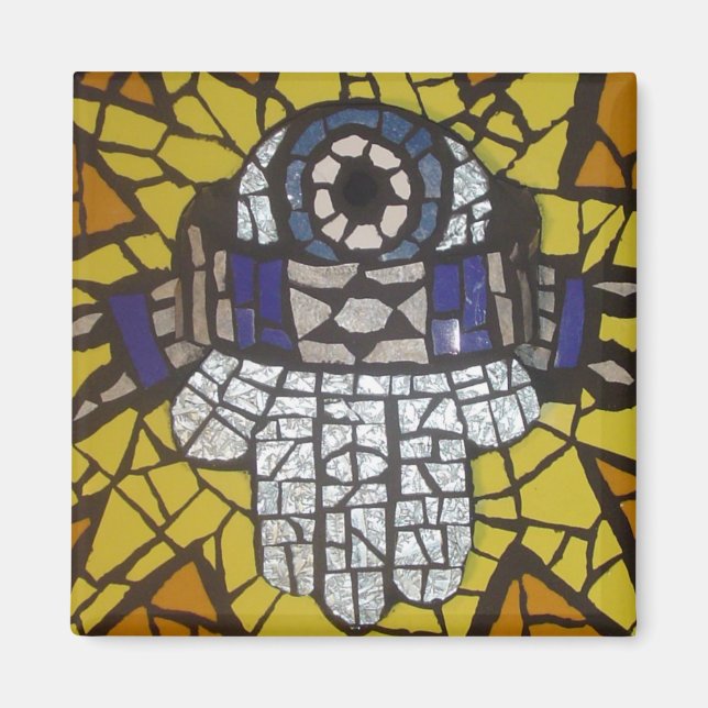 Mosaic Silver Hamsa Star Tallit och Evil Öga Magnet (Framsidan)