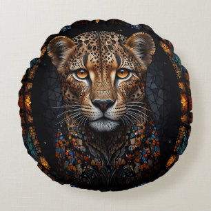 Mosaic Stached Glass Cheetah Porträtt Rund Kudde