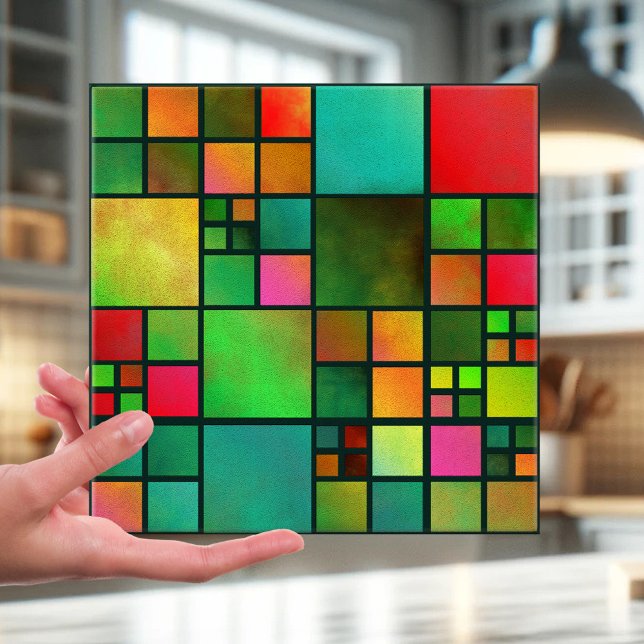 Mosaic Stached Glass Mönster Kitchen Bathroom Tile Kakelplatta (Tile featuring an abstract geometric checkered mosaic pattern inspired by colorful stained glass)