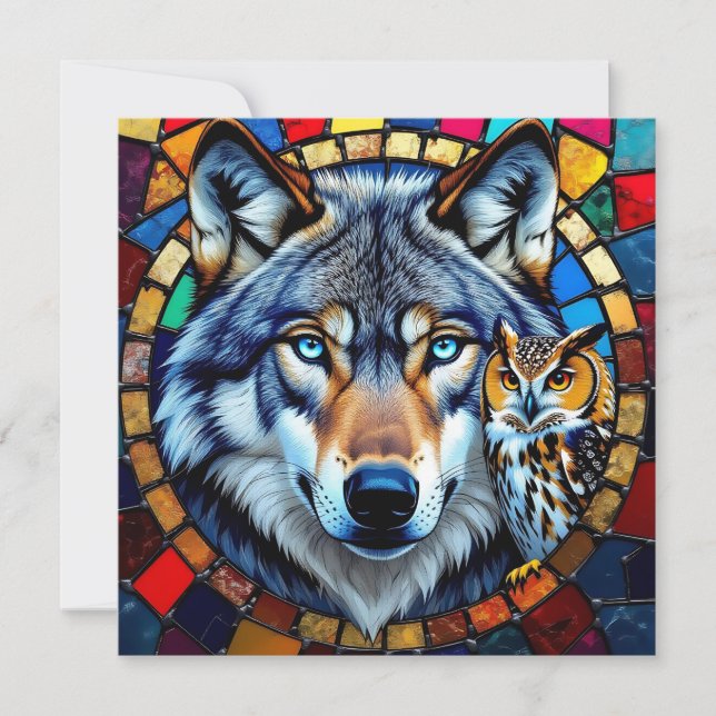 Mosaic Style Owl and Wolf | Blank Julkort (Framsida)