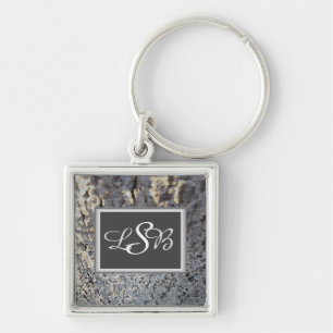 Mosaic Tile Elegant Black Grått Monogram Fyrkantig Silverfärgad Nyckelring