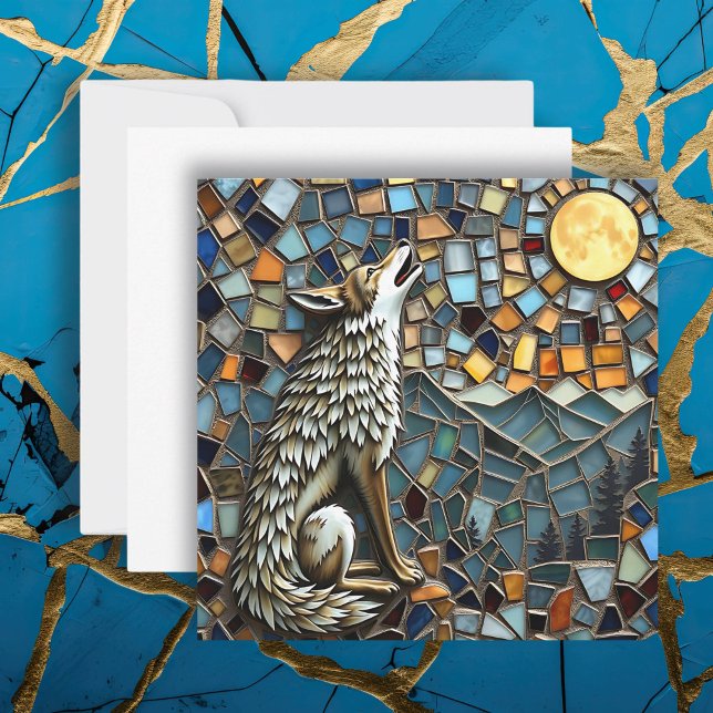 Mosaic Tile Varg Howling vid Måne Kort (Skapare uppladdad)