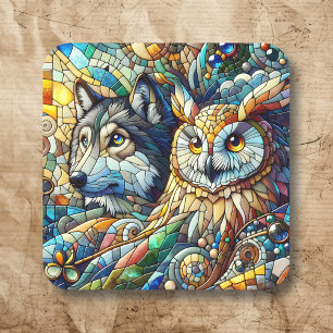 Mosaic Tile Varg och Uggla Fyrkantigt Klistermärke