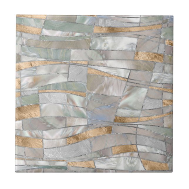 Mosaic Waves Art - Pearl and Pastel Gold Kakelplatta (Framsidan)