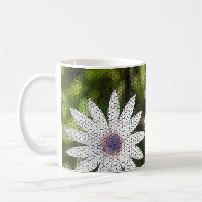 Mosaic White Daisy Bush Flowers Kaffemugg (Vänster)