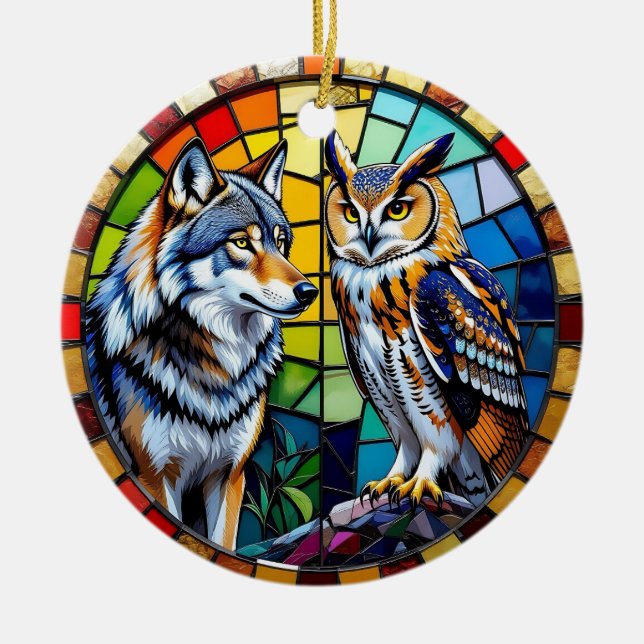 Mosaic Wolf and Owl  Art Personalized Christmas Julgransprydnad Keramik (Framsidan)