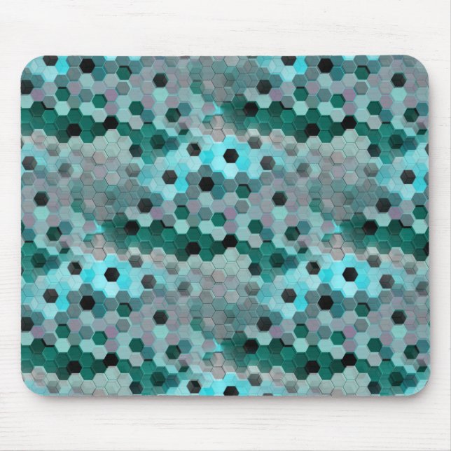 Mosaik av hexagoner eller kuber i nyanser cyan til musmatta (Framsidan)