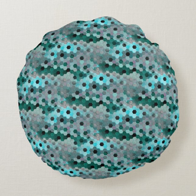 Mosaik av hexagoner eller kuber i nyanser cyan til rund kudde (Baksidan)