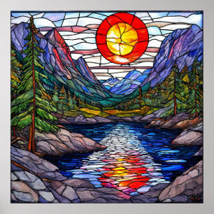 Mosaik Berg Sjö Skog Naturskön Väggtavla Poster