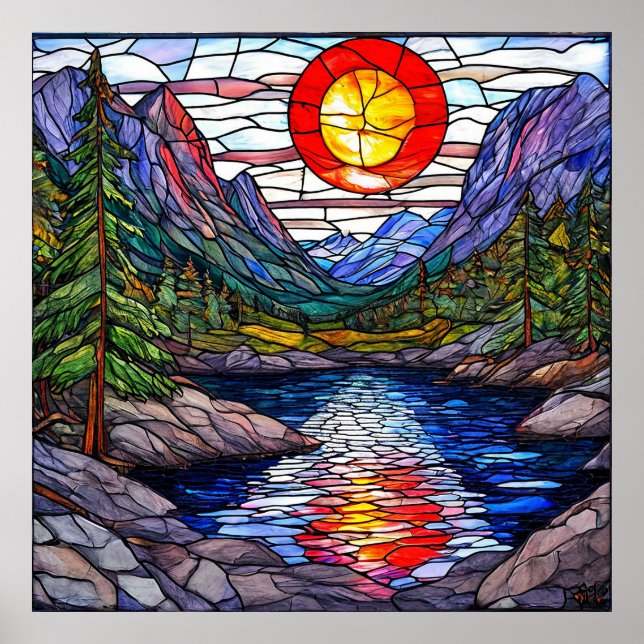 Mosaik Berg Sjö Skog Naturskön Väggtavla Poster (Framsidan)
