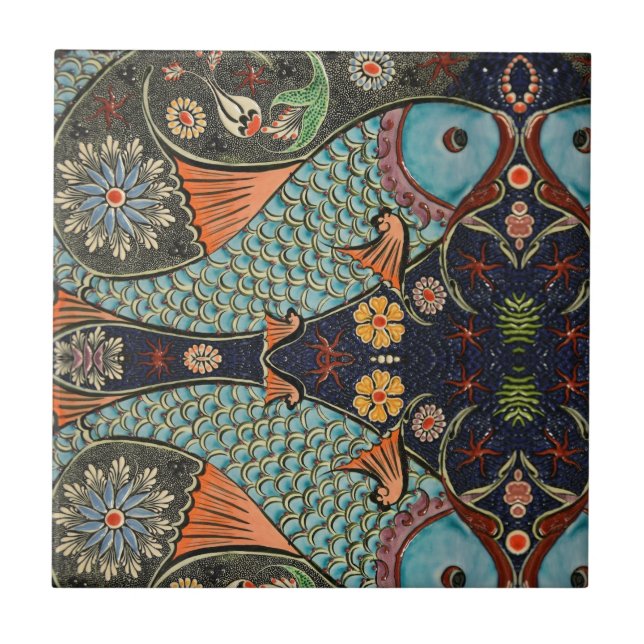 Mosaik Fish Teal/turkos Modern Mönster Unik Kakelplatta (Framsidan)