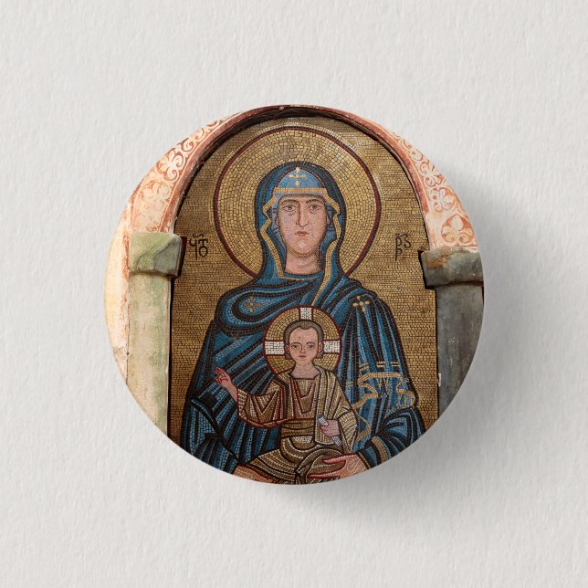 Mosaik föreställande jungfru Maria och Jesus Knapp (Framsida)