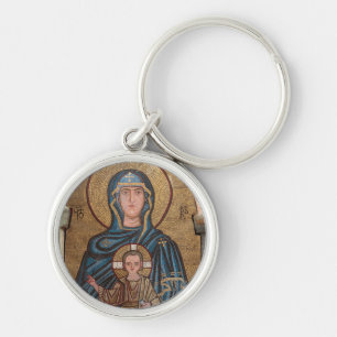 Mosaik föreställande Jungfru Maria och Jesus Rund Silverfärgad Nyckelring