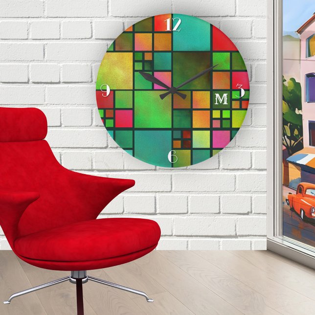 Mosaik Geometric Mönster Monogram Wall Clock Rund Klocka (Artistic wall clock with a checkered tile pattern with a watercolor effect in a variety of colors)