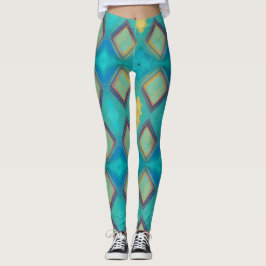 Mosaik, geometrisk dekorturkos blåa guld kattunge leggings