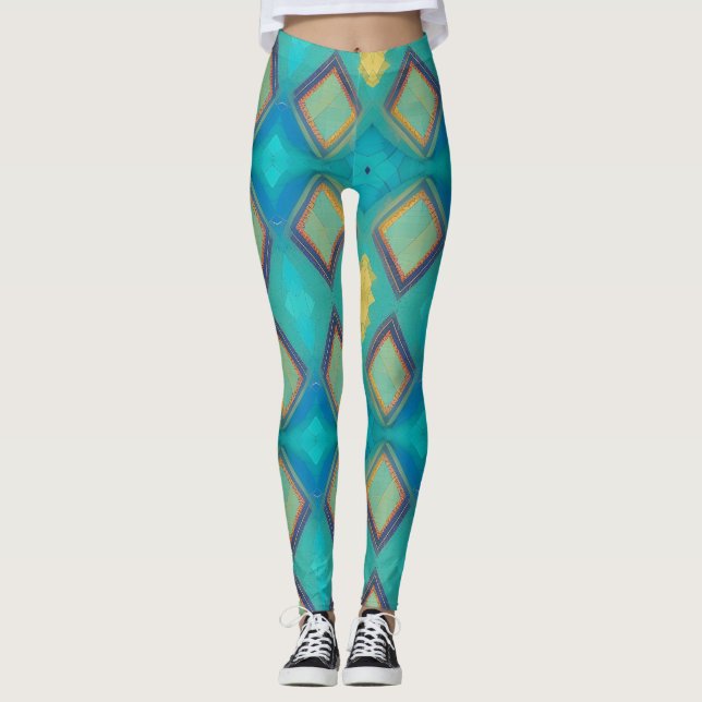 Mosaik, geometrisk dekorturkos blåa guld kattunge leggings (Framsida)
