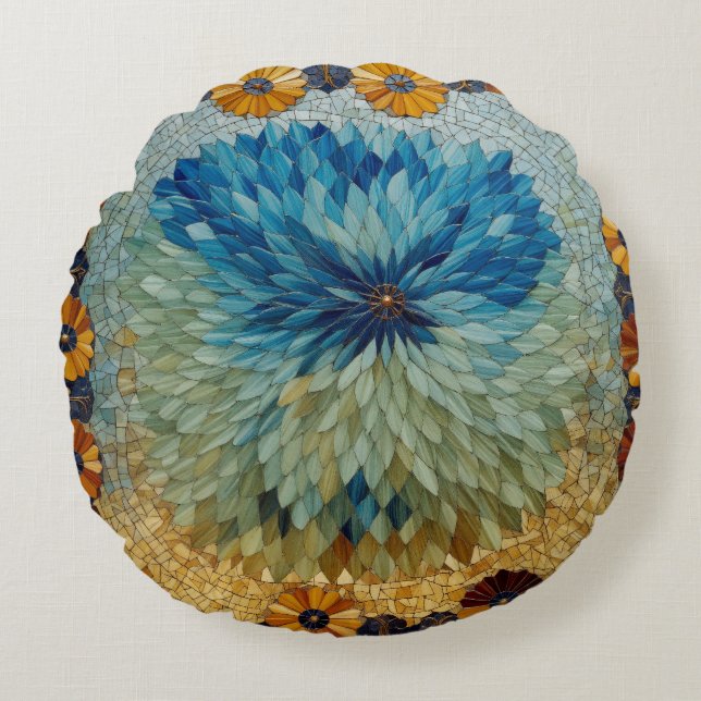 Mosaik Grön Blå Blommig  Rund Kudde (Framsidan)