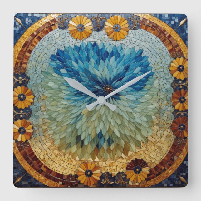 Mosaik Grön Blå Blommig Väggklocka  (Framsida)