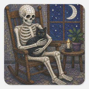 Mosaik Halloween skelett och svart katt Fyrkantigt Klistermärke