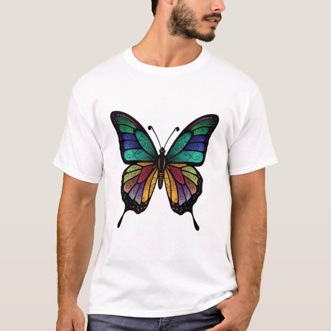 Mosaik-Schmetterling In Regenbogenfarben T Shirt (Framsida)