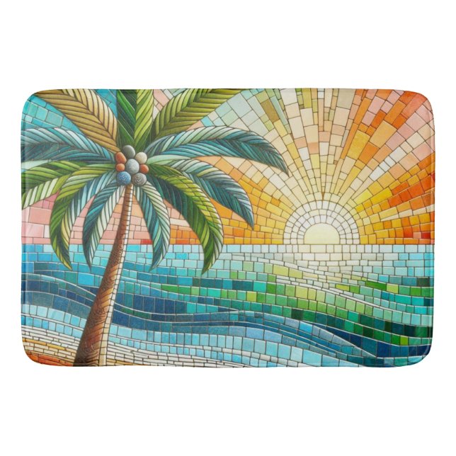 Mosaik Tropical Beach Sunset Handflatan Träd Badrumsmatta (Framsidan)