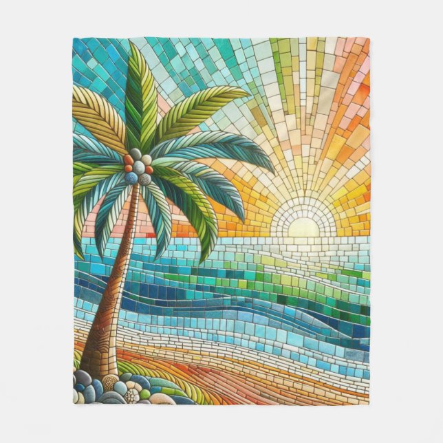 Mosaik Tropical Beach Sunset Handflatan Träd Fleecefilt (Framsidan)