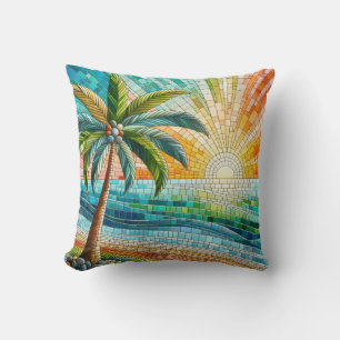 Mosaik Tropical Beach Sunset Handflatan Träd Kudde
