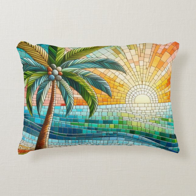 Mosaik Tropical Beach Sunset Handflatan Träd Prydnadskudde (Framsidan)