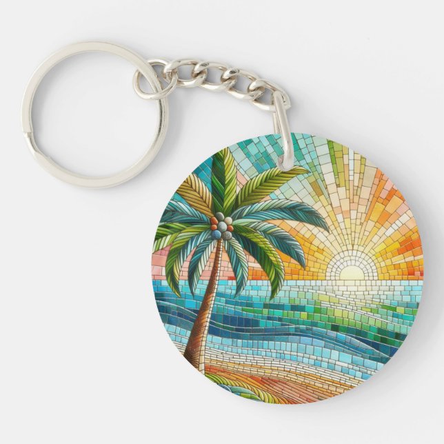 Mosaik Tropical Beach Sunset Handflatan Träd Round (Framsidan)