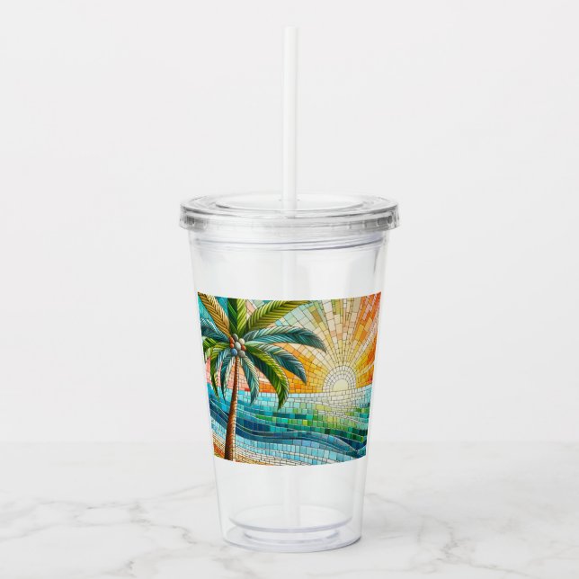 Mosaik Tropical Beach Sunset Handflatan Träd Take Away Mugg (Framsida)