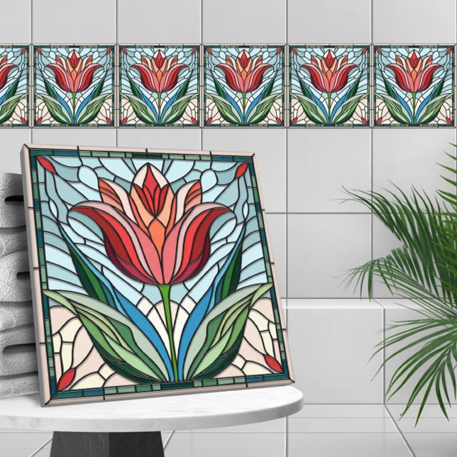 Mosaikglas av nedfläckad av tulippblommor kakelplatta (Skapare uppladdad)