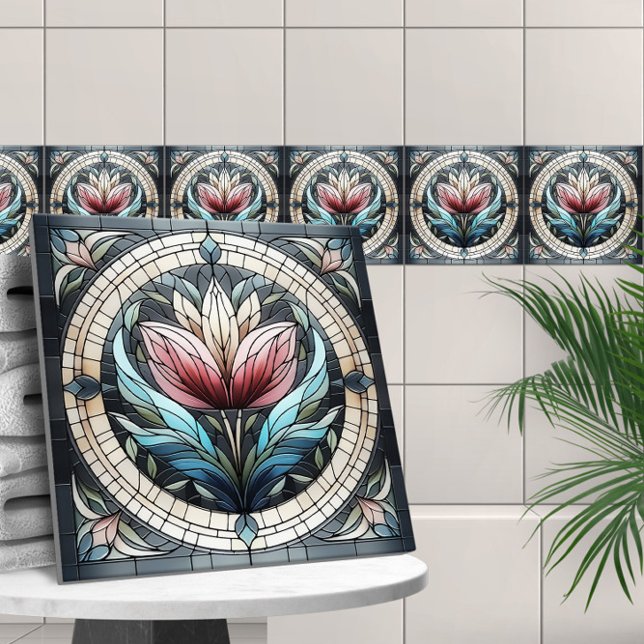 Mosaikglas av nedfläckad av tulippblommor kakelplatta (Skapare uppladdad)