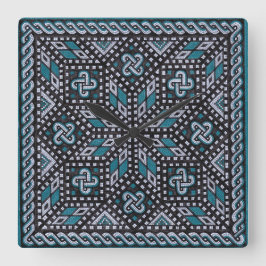 Mosaikillustration svart grått och Matisse blue Fyrkantig Klocka