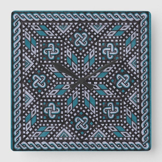 Mosaikillustration svart grått och Matisse blue Fyrkantig Klocka (Framsida)