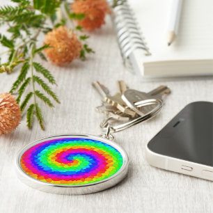 Mosaikplattan Rainbow Spiral Rund Silverfärgad Nyckelring
