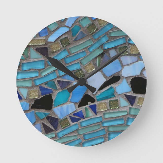 Mosaikplattor i blått och grönt rund klocka (Framsida)