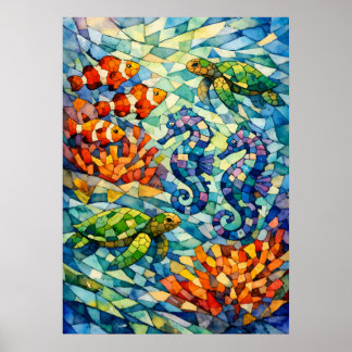 Mosaikrev Vattenfärg Marinlivskonst Poster